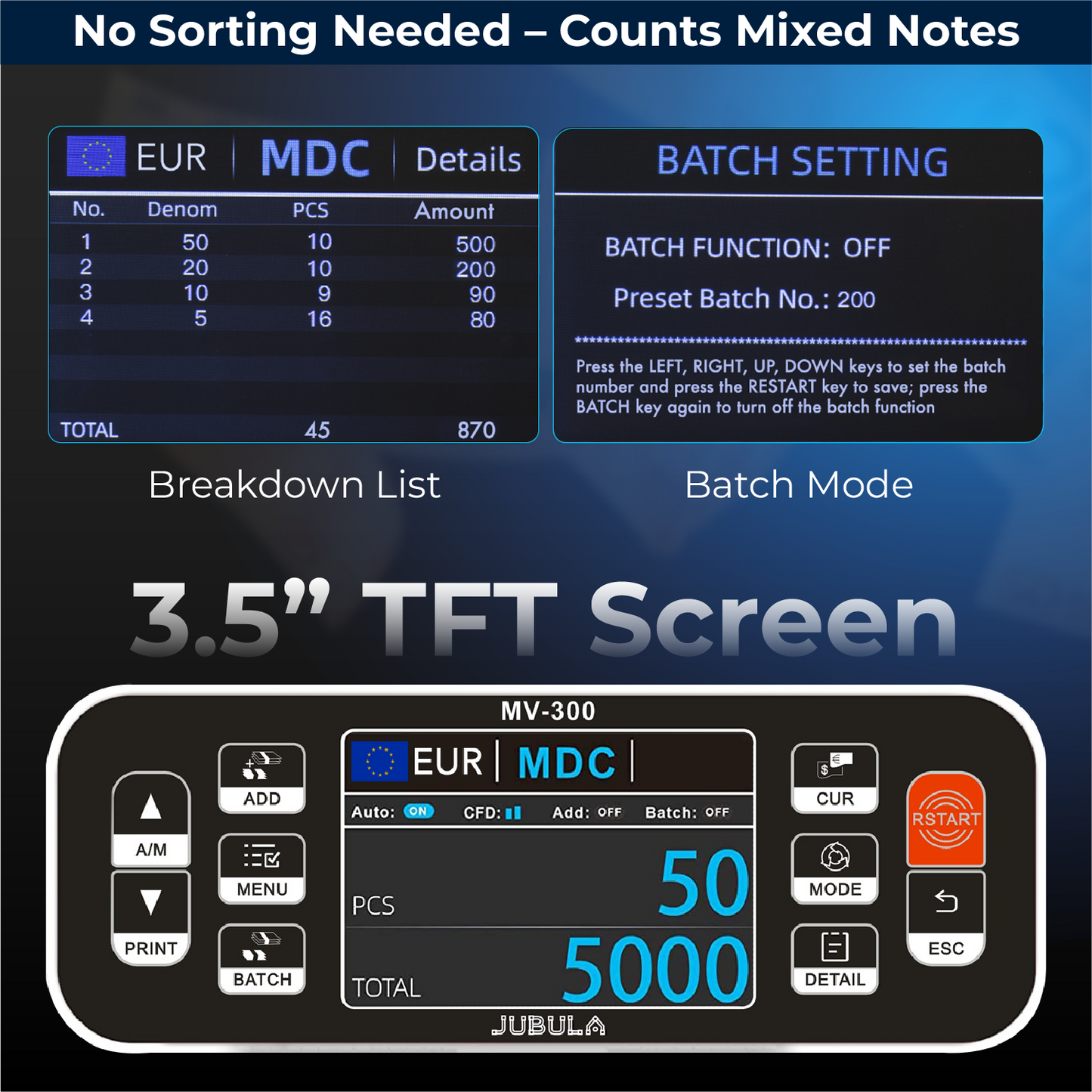 Jubula MV-300 Money Counting Machine That Value Counts Mixed banknotes | EUR USD GBP | Cash Counting Machine with 8-Point Counterfeit Money Detector | Money Counter Machine