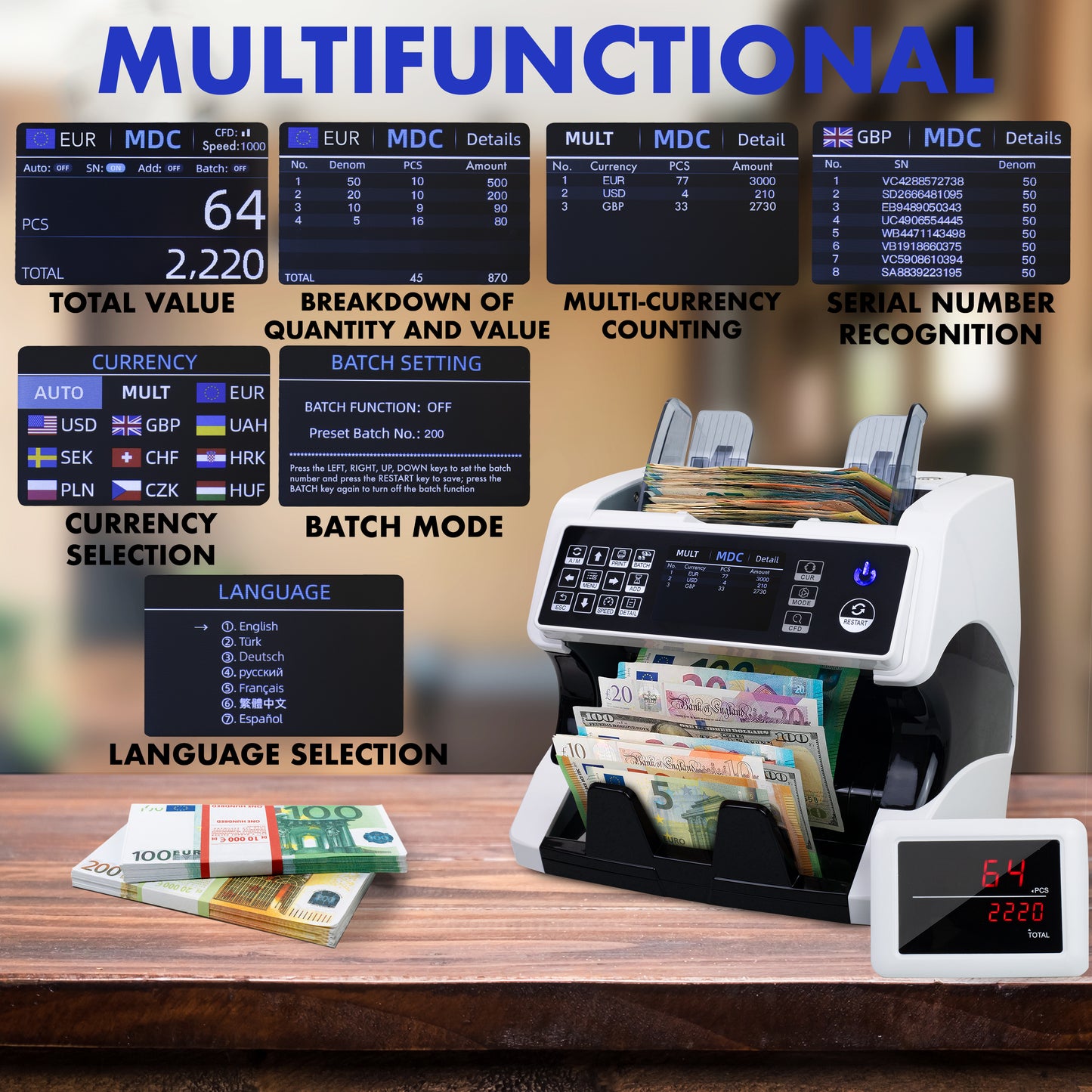 Jubula MV-500 Money Counting Machine That Value Counts Mixed banknotes | Cash Counting Machine with 11-Point Counterfeit Money Detector | Money Counter Machine | EUR USD GBP etc