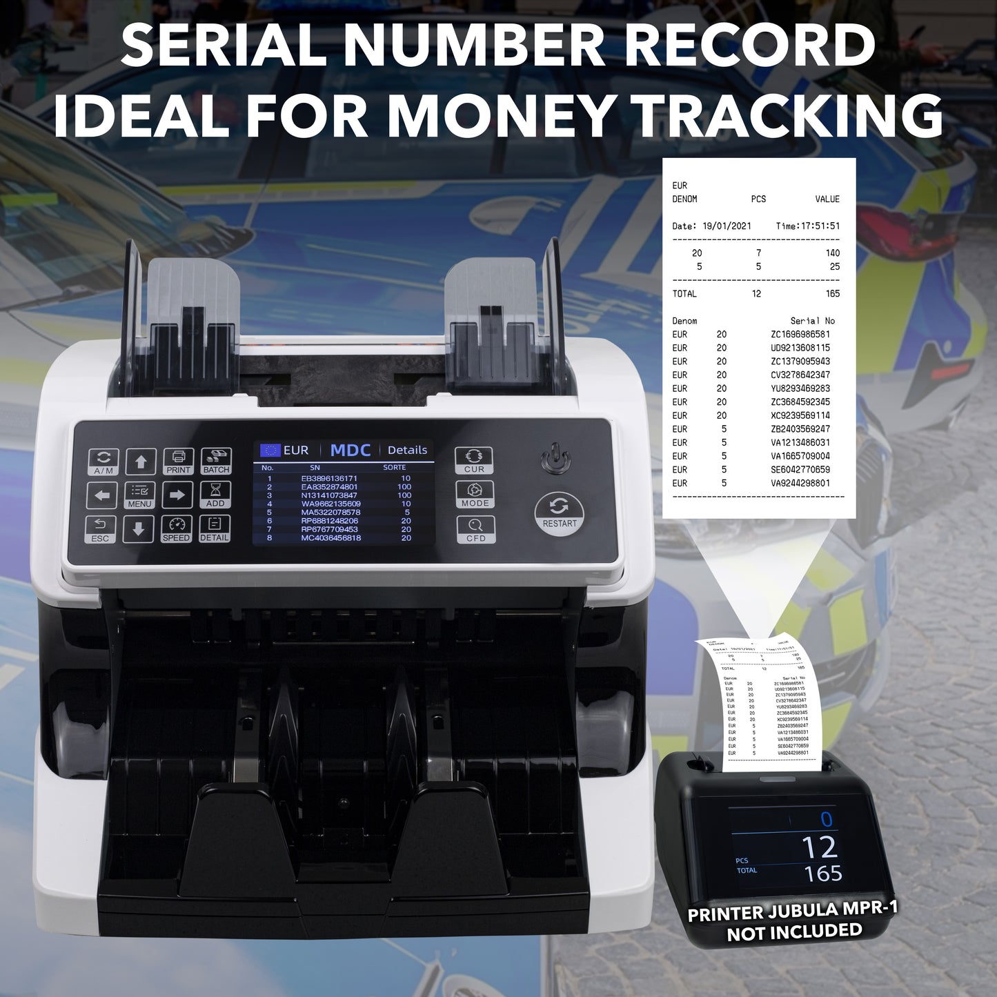 Jubula MV-500 Money Counting Machine That Value Counts Mixed banknotes | Cash Counting Machine with 11-Point Counterfeit Money Detector | Money Counter Machine | EUR USD GBP etc