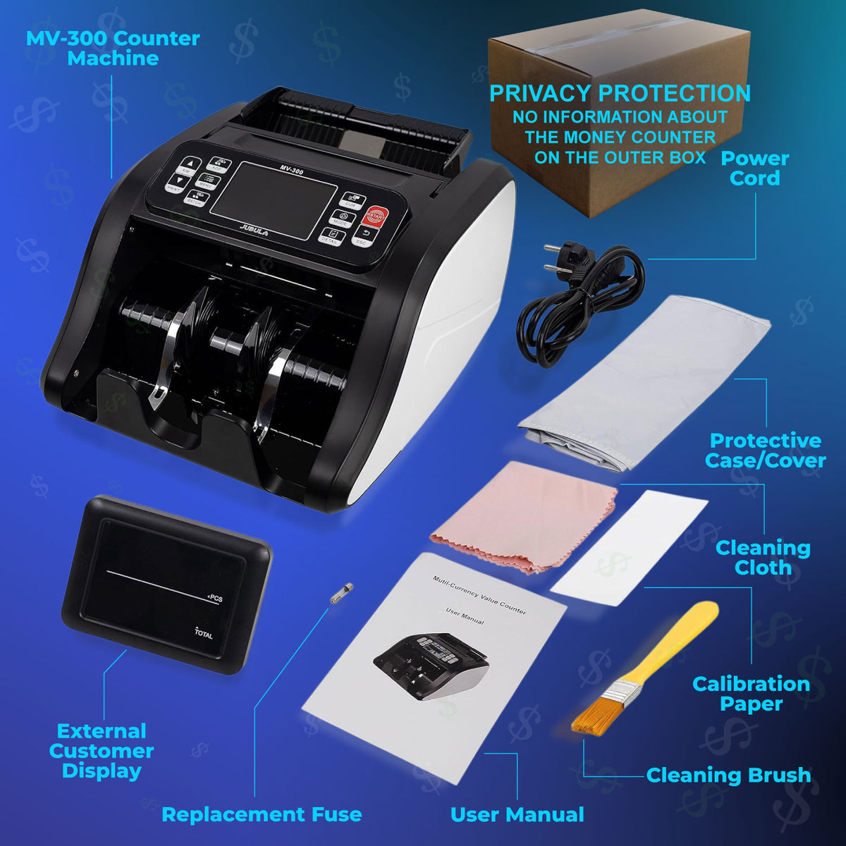 Jubula MV-300 - Compteuse de billets de banque mixtes avec détection avancée de faux billets en 8 points | EUR, USD, GBP | Valorisatrice de billets | Sûre et Précise | Compteur de valeurs pour billets