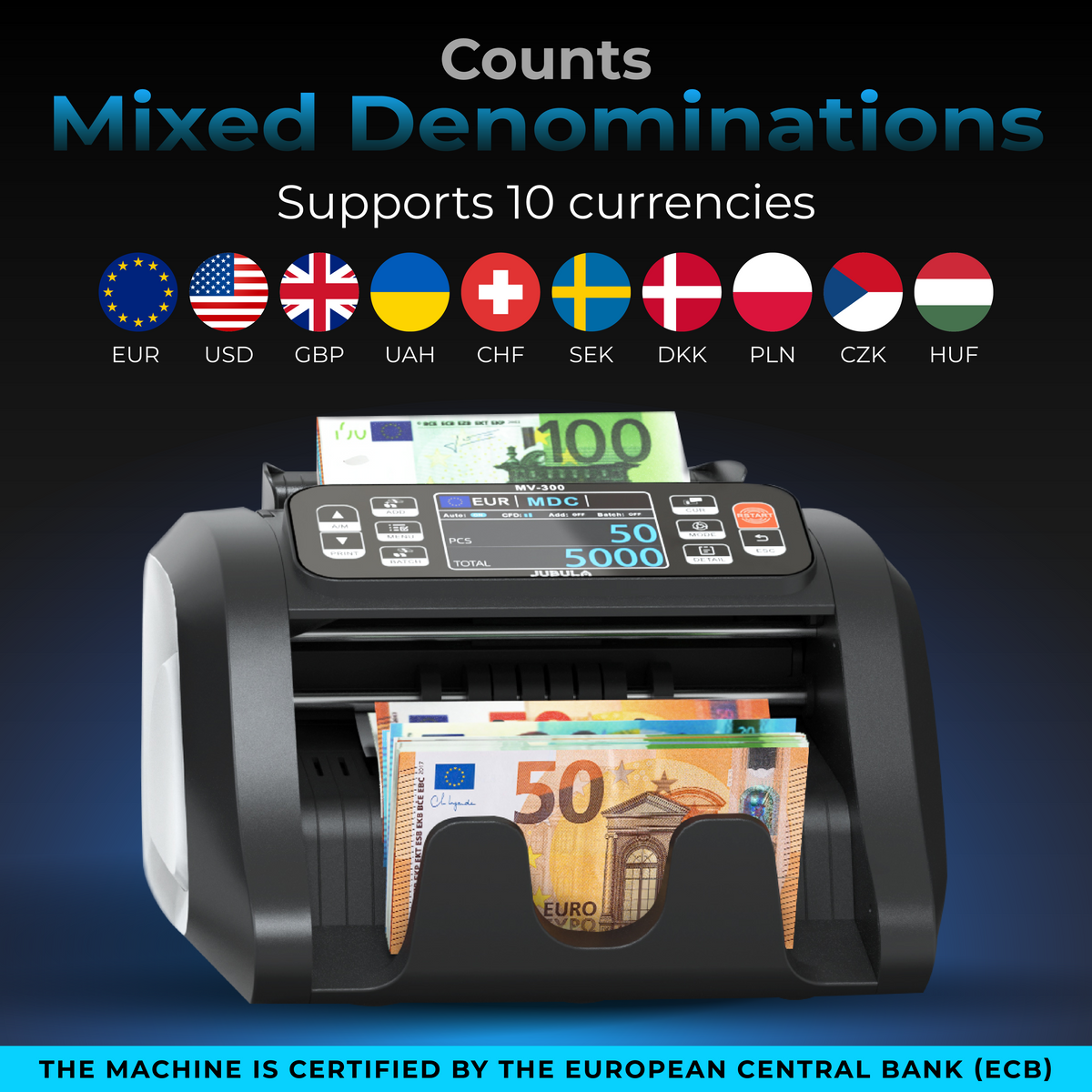 Jubula MV-300 - Compteuse de billets de banque mixtes avec détection avancée de faux billets en 8 points | EUR, USD, GBP | Valorisatrice de billets | Sûre et Précise | Compteur de valeurs pour billets