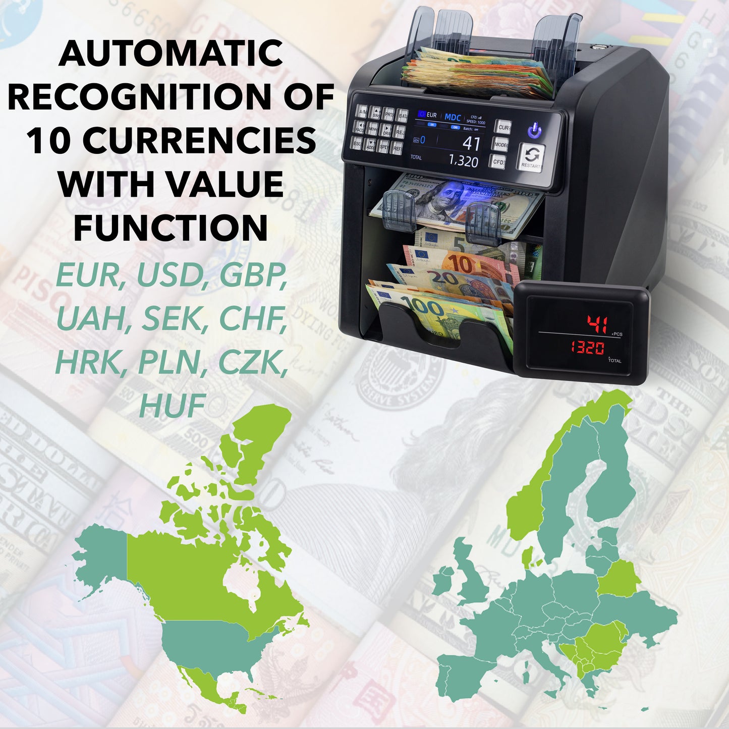 Jubula MV-600 Money Counter | Banknote Sorter for Mixed Banknotes with 12x Counterfeit Detection | Exact | EUR, USD, GBP, SEK etc. Money Counting Machine | Banknote Counter