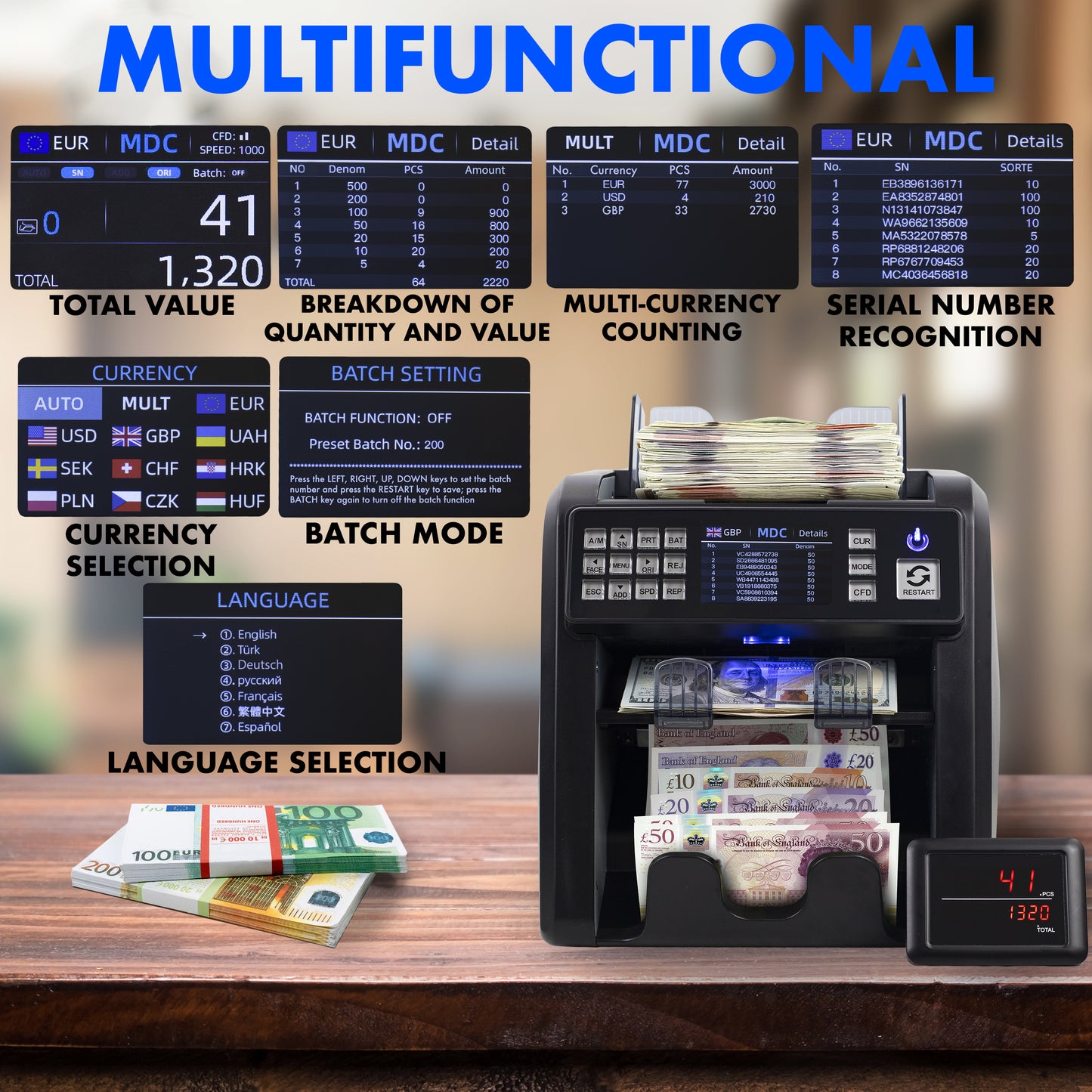 Jubula MV-600 Money Counter | Banknote Sorter for Mixed Banknotes with 12x Counterfeit Detection | Exact | EUR, USD, GBP, SEK etc. Money Counting Machine | Banknote Counter