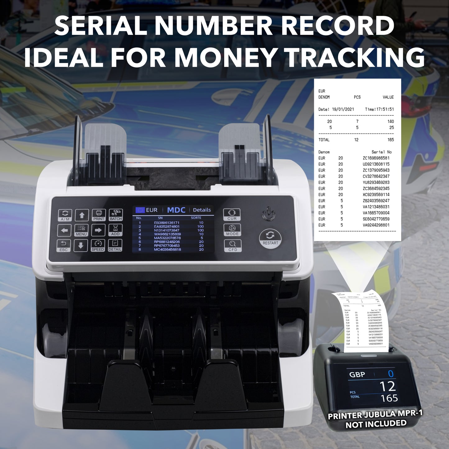 Jubula MV-500 Geldzählmaschine für gemischte Geldscheine & Falschgelddetektor | Sicher | Exakt | EUR USD GBP SEK CHF usw. | Banknotenzähler | Geldzähler | Banknotenzählmaschine | Geldscheinzähler
