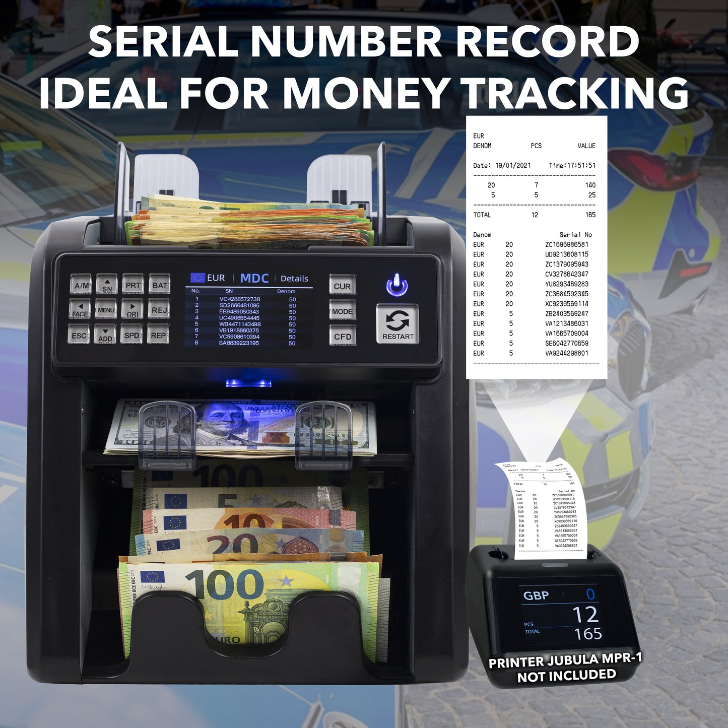 Jubula MV-600 Money Counter | Banknote Sorter for Mixed Banknotes with 12x Counterfeit Detection | Exact | EUR, USD, GBP, SEK etc. Money Counting Machine | Banknote Counter