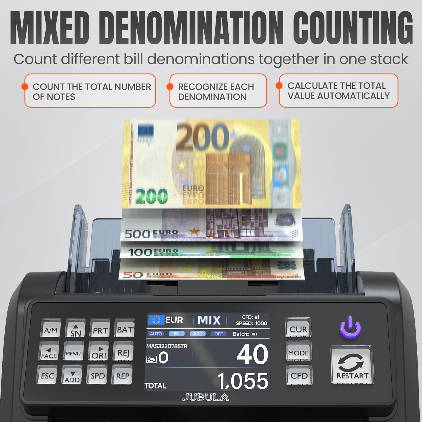 Jubula MV-600 Compteuse et trieuse de billets pour billets non triés avec détection avancée de faux billets en 12 points | EUR USD GBP SEK etc. | Compteur de valeurs pour billets mixtes