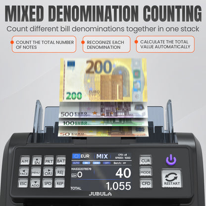 Jubula MV-600 Compteuse et trieuse de billets pour billets non triés avec détection avancée de faux billets en 12 points | EUR USD GBP SEK etc. | Compteur de valeurs pour billets mixtes