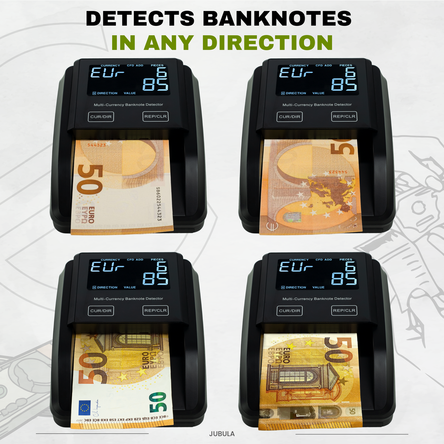 Jubula FD-50 Banknotenprüfer & Geldzählmaschine Banknoten 2in1 - Einzeln einlegen - Banknotenprüfer Falschgelderkennung mit UV/MG/IR für falsche Euro-, Pfund-, Dollarscheine - mobiler Scanner Testlicht & kompakt