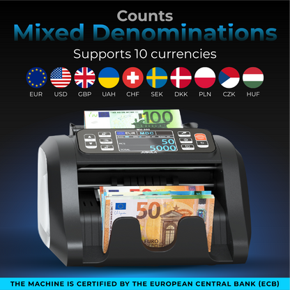 Jubula MV-300 Money Counting Machine That Value Counts Mixed banknotes | EUR USD GBP | Cash Counting Machine with 8-Point Counterfeit Money Detector | Money Counter Machine