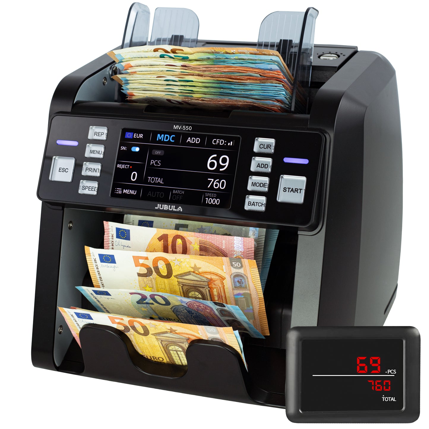 Jubula MV-550 Money Counter That Value Counts Mixed banknotes | Cash Counting Machine with 11-Point Counterfeit Money Detector | Money Counter Machine | EUR USD GBP etc